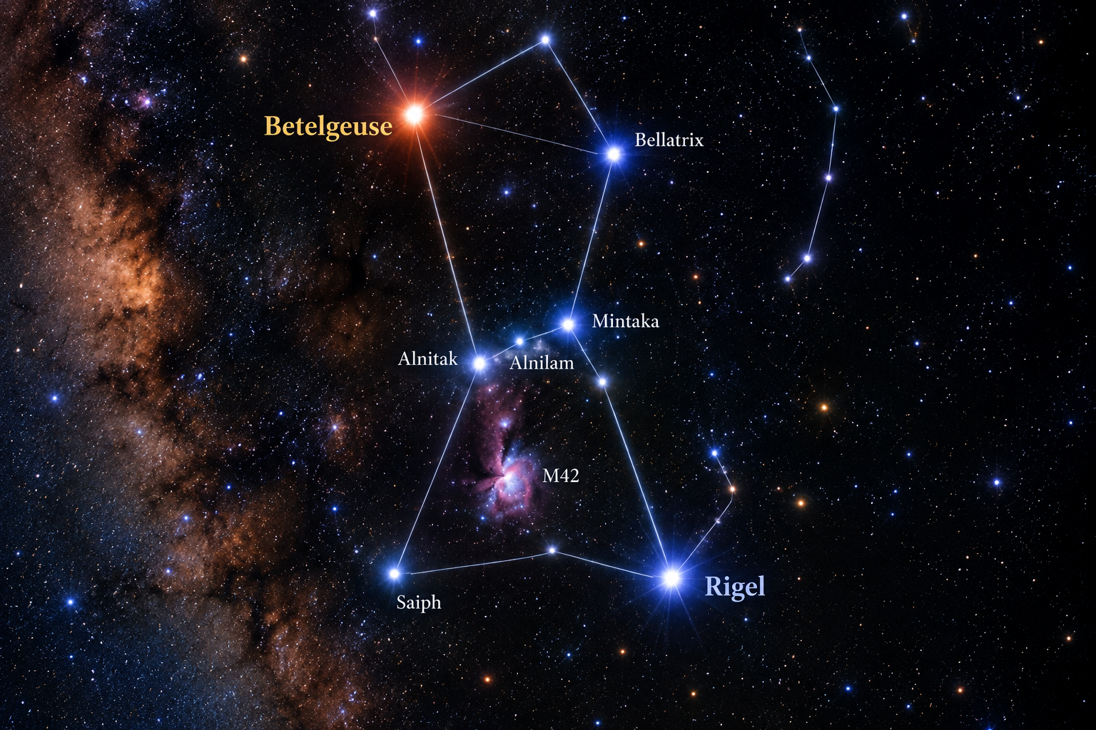 Costellazione di Orione con Betelgeuse arancione-rossastra e Rigel bianco-azzurra